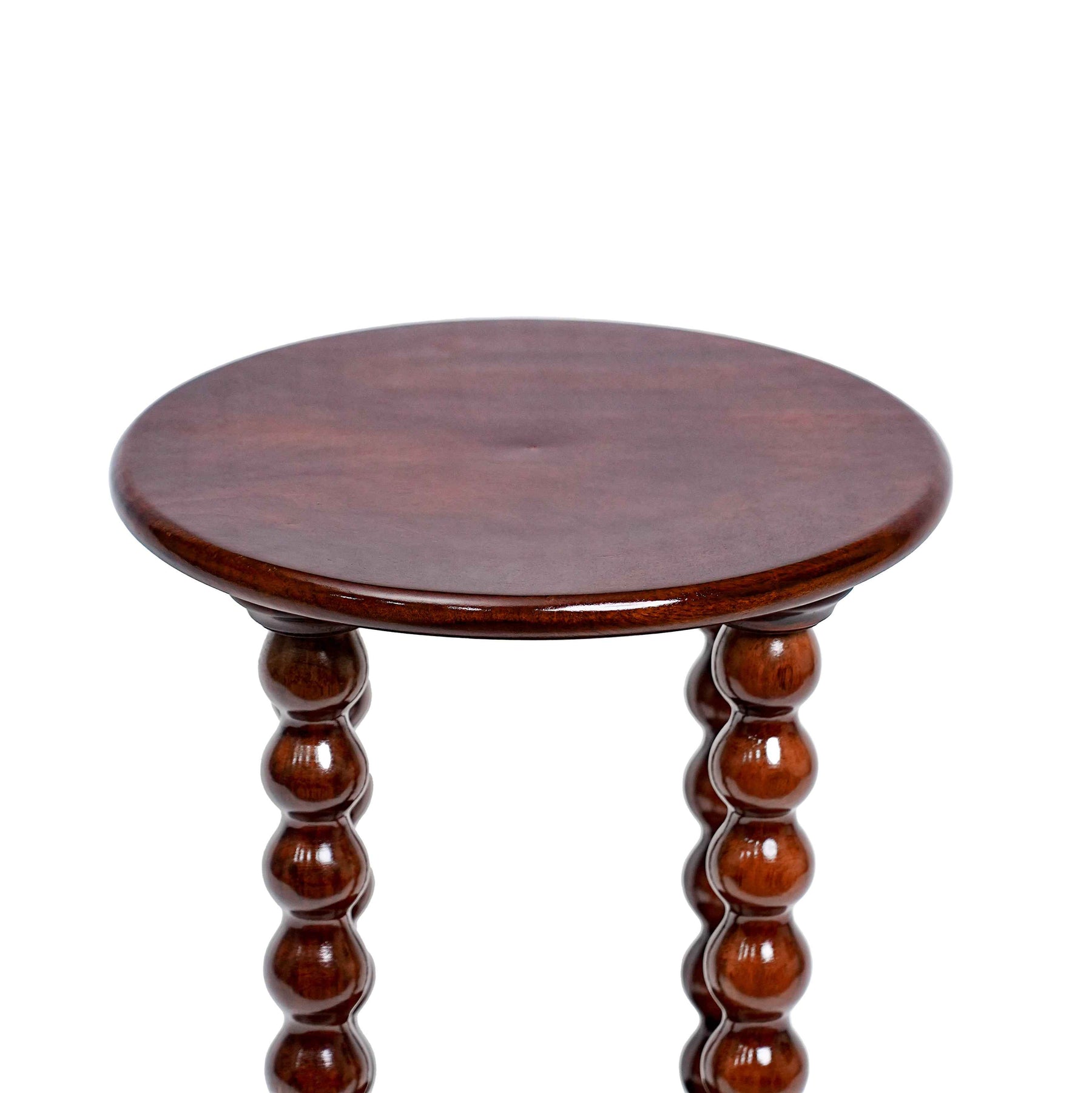Round Side Table with Storage & Beaded Leg in Walnut Brown