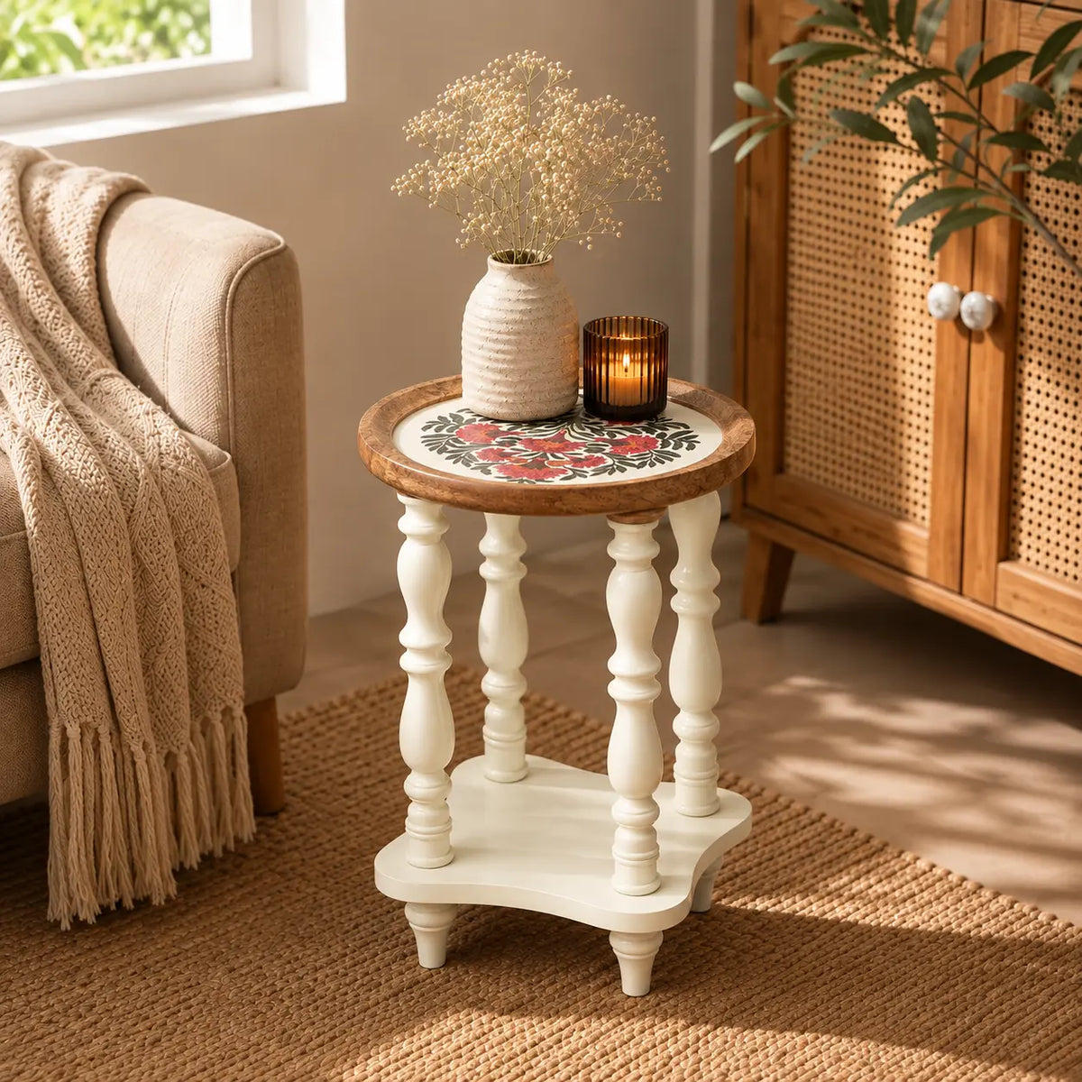 Round Wooden Side Table with Storage in Floral Printed