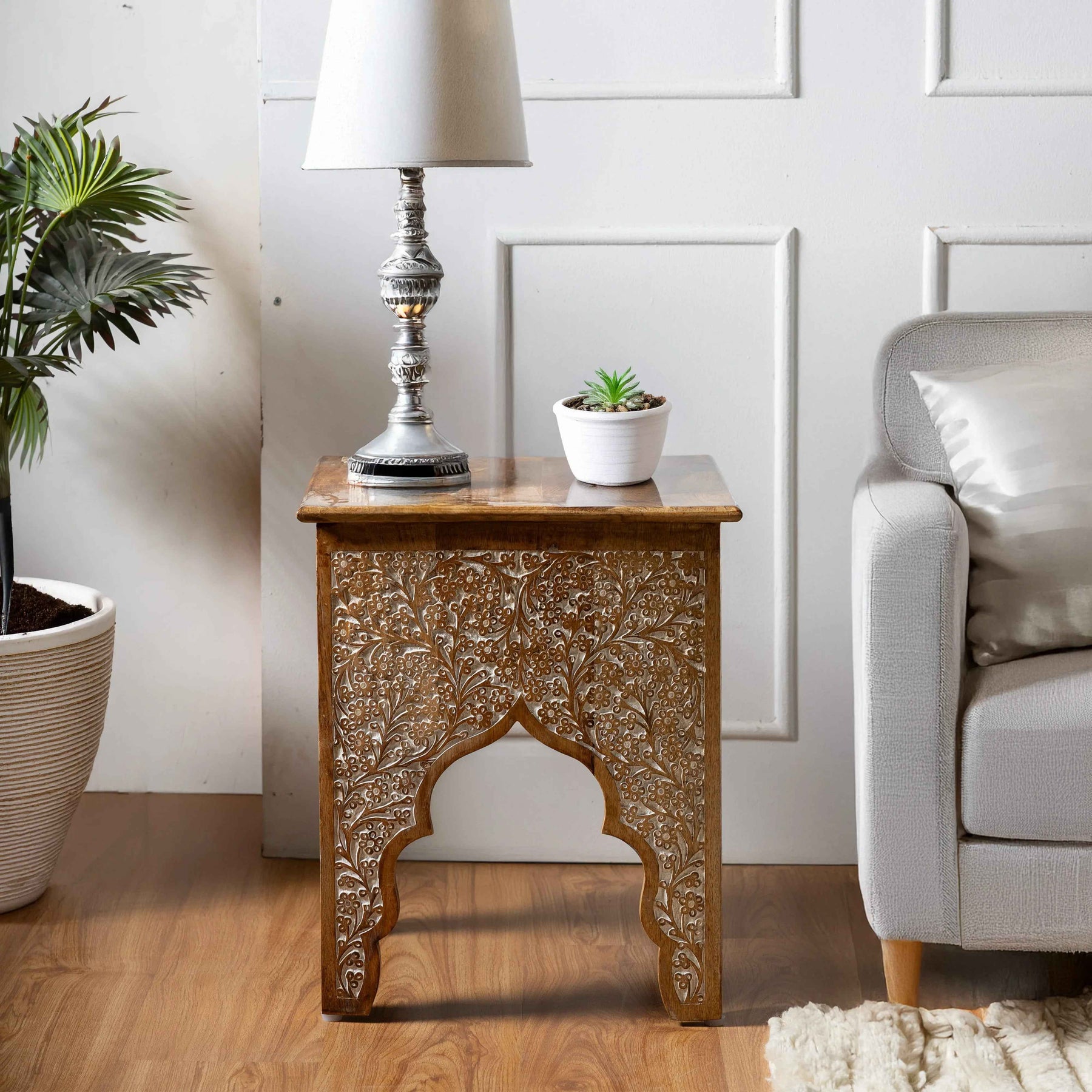 Honey Brown Wood Side Table in Antique Tone