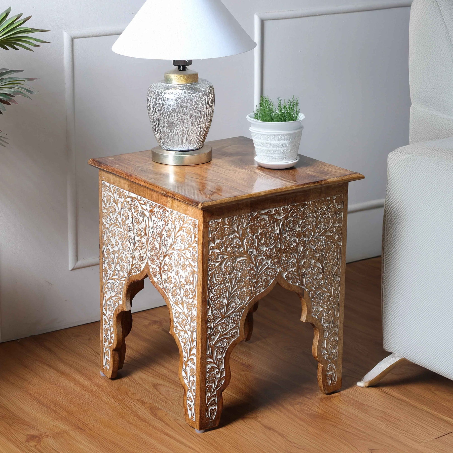 Honey Brown Wood Side Table in Antique Tone