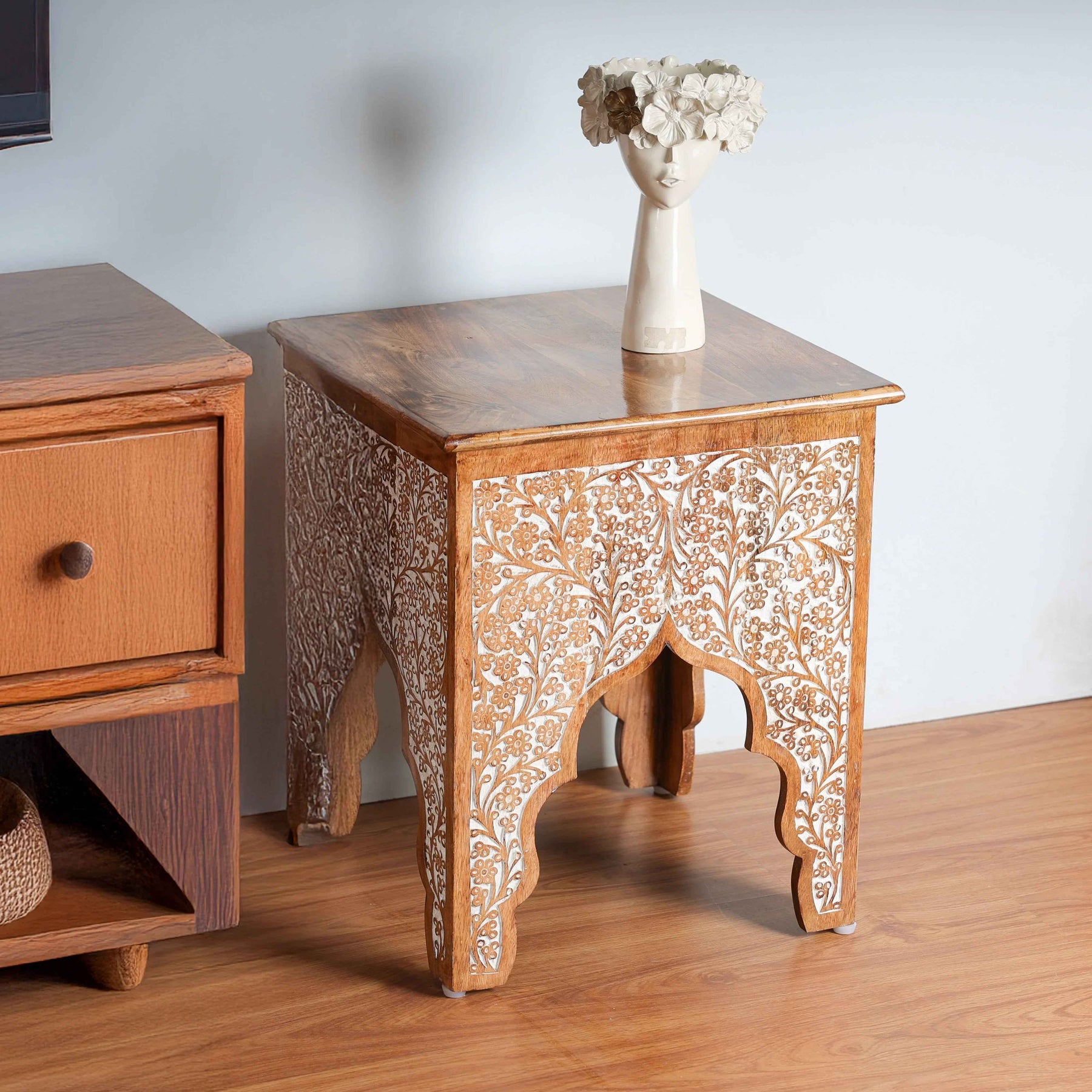 Honey Brown Wood Side Table in Antique Tone