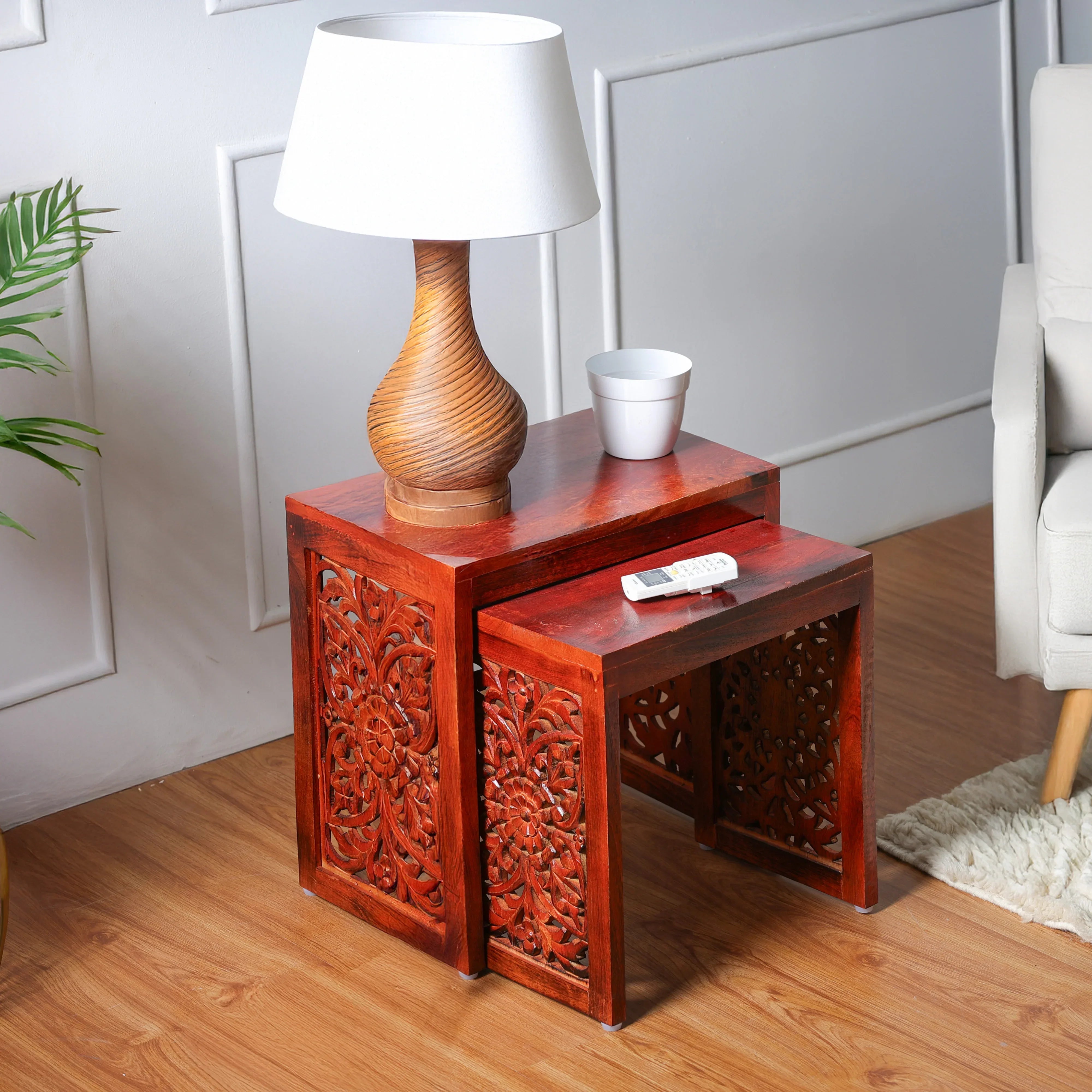 Wooden Nesting Tables Set of 2 in Reddish Brown