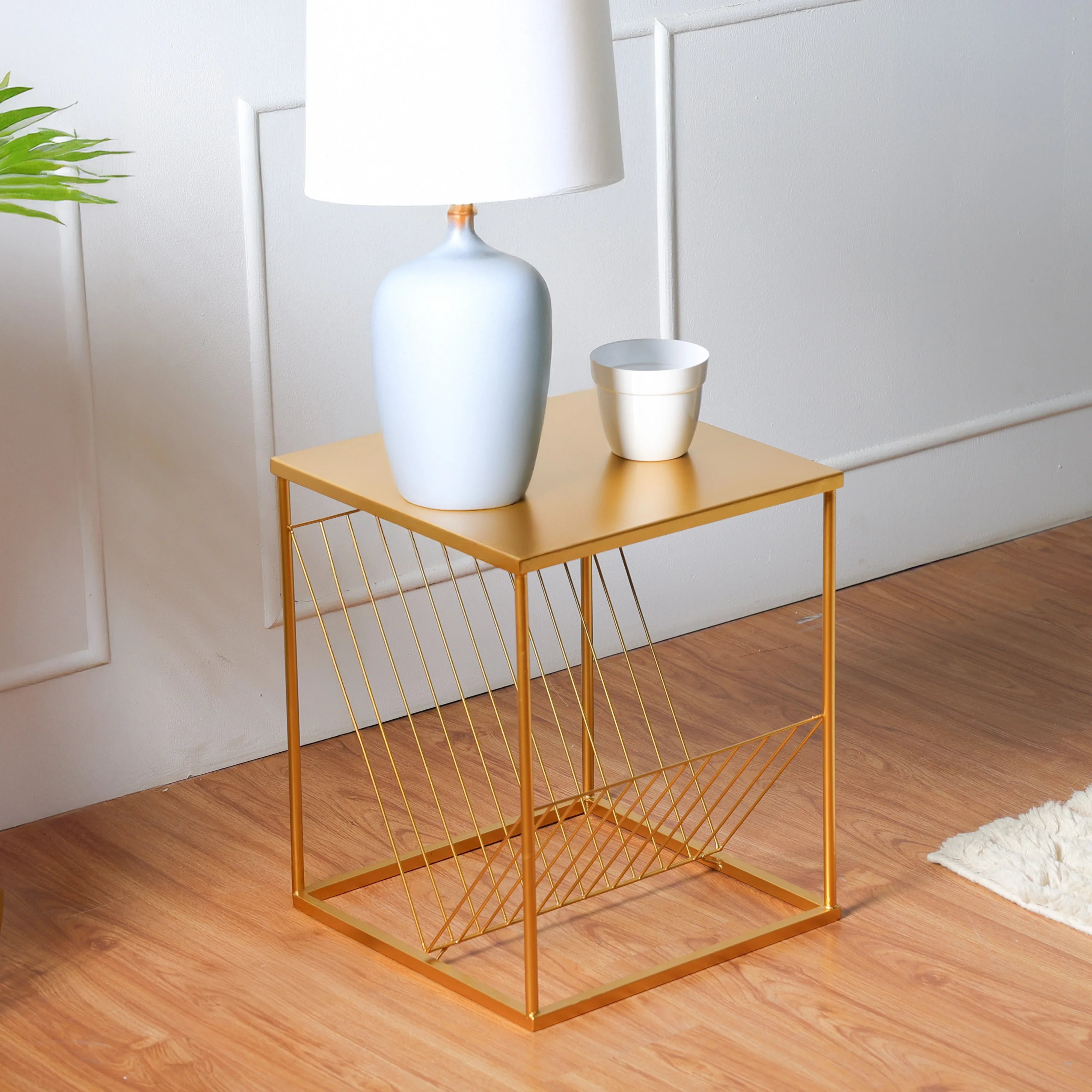 Decorative Metal Side End Table in Golden with Storage
