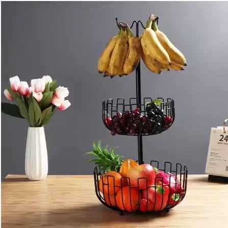 Modern 2-Tier Metal Fruit Basket with Banana Hanger