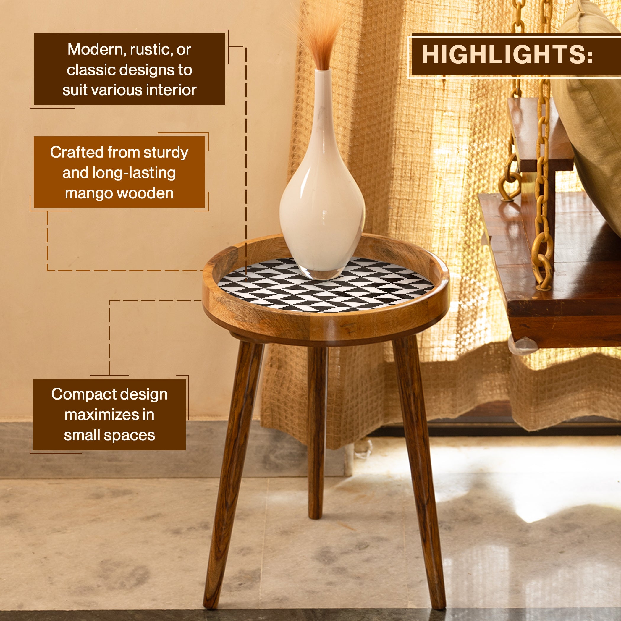 Mango Wood Round Side End Table In Black & White
