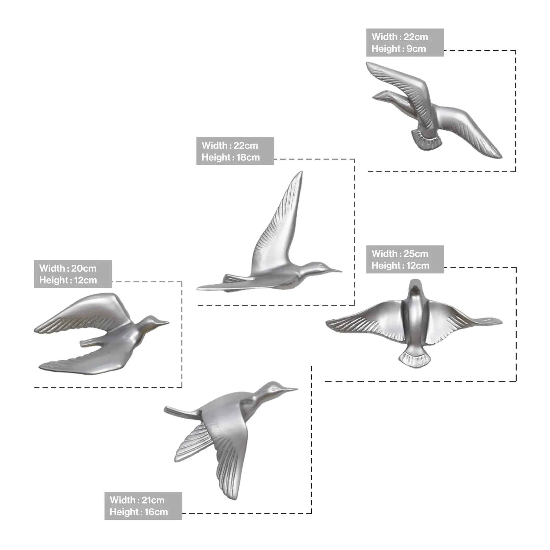 Resin Flying Birds Wall Hanging In Celestial Silver (Set Of 5)