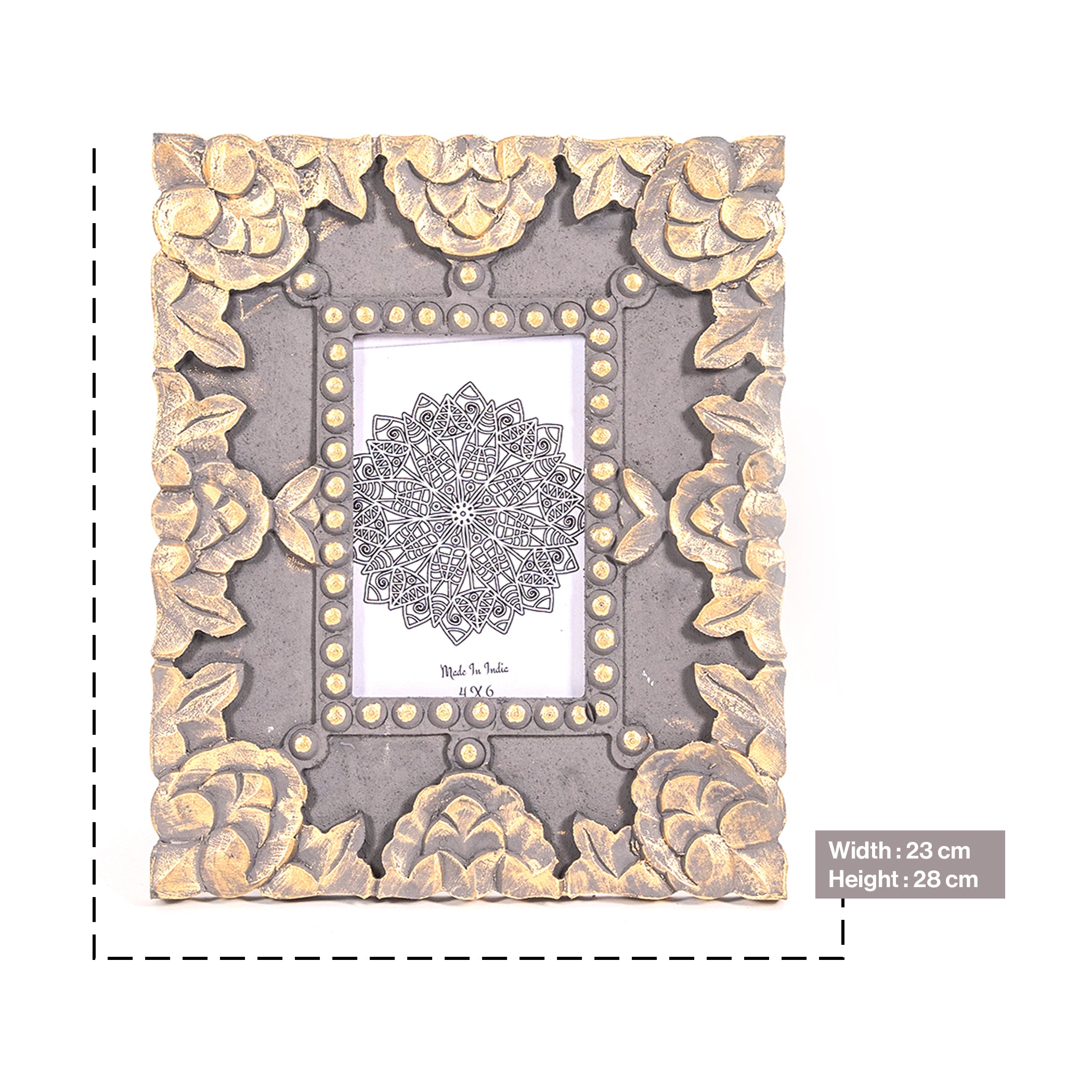 Handcarved Wooden Floral Photo Frame in Grey