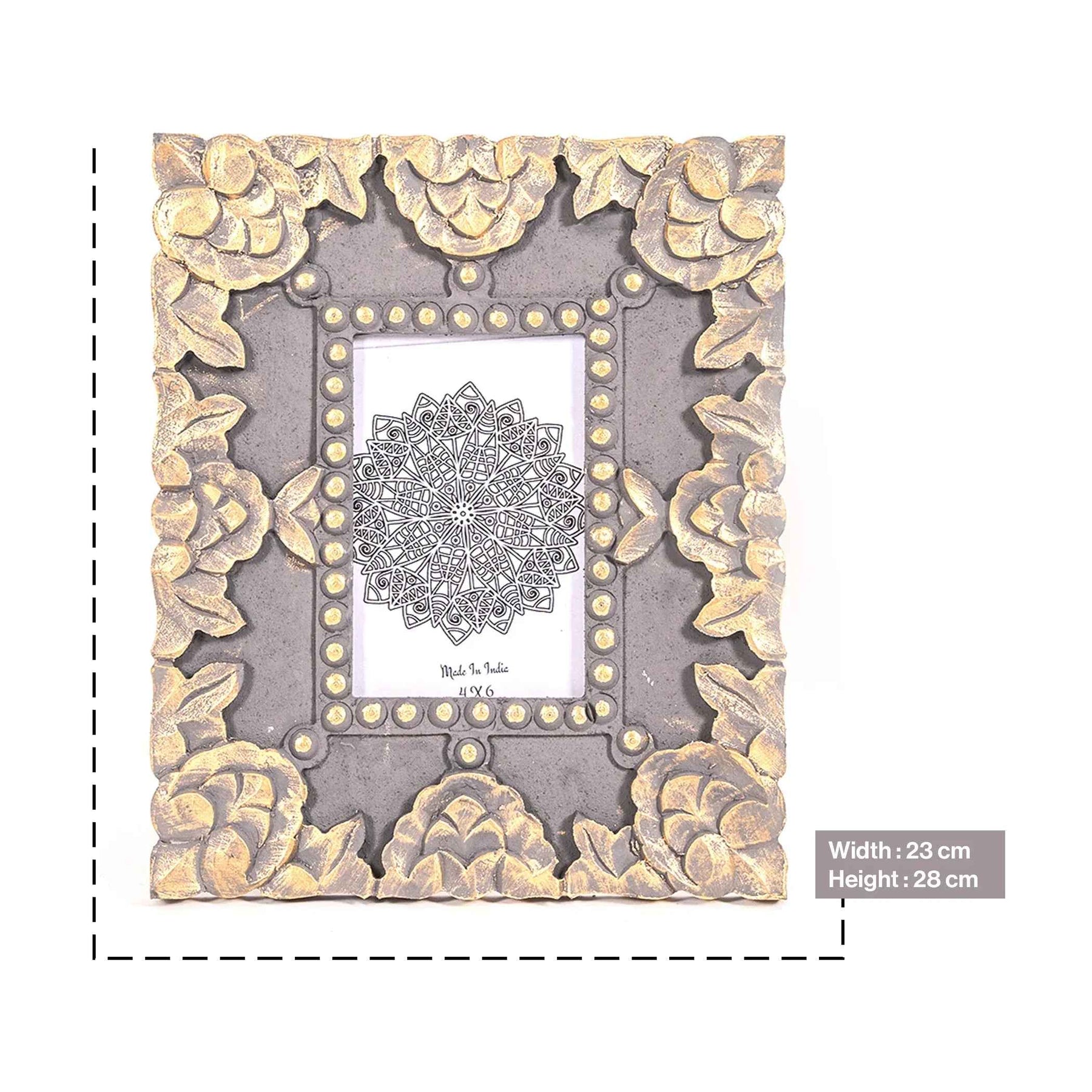 Handcarved Wooden Floral Photo Frame in Grey