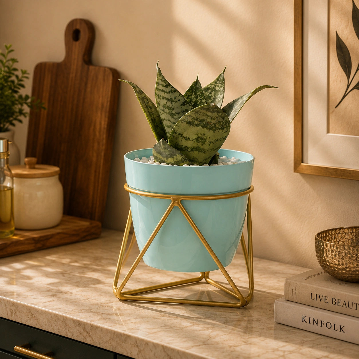 Single Golden Metal Pot Plant Stand In Horizon Blue