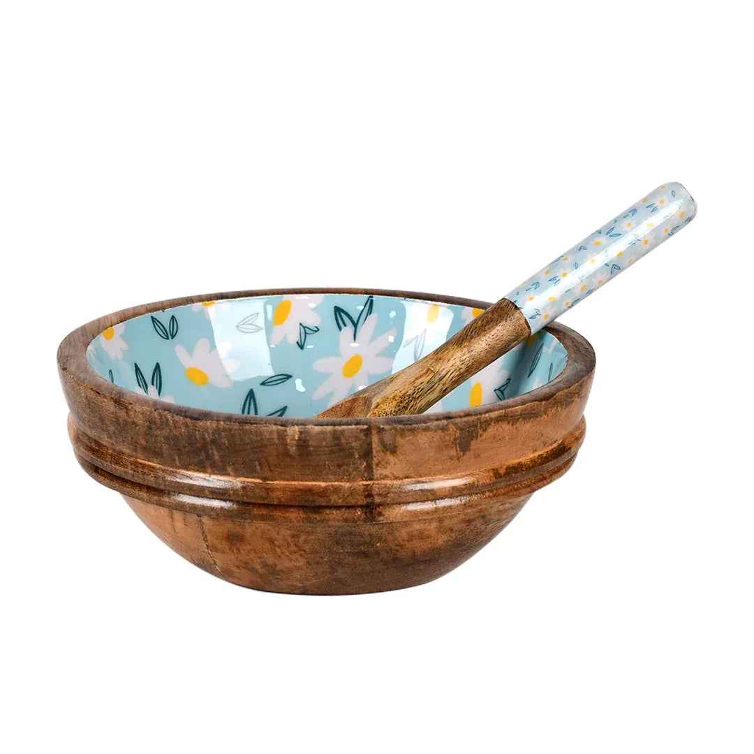 Wooden Serving Bowl with Spoon in Daisy Floral Design