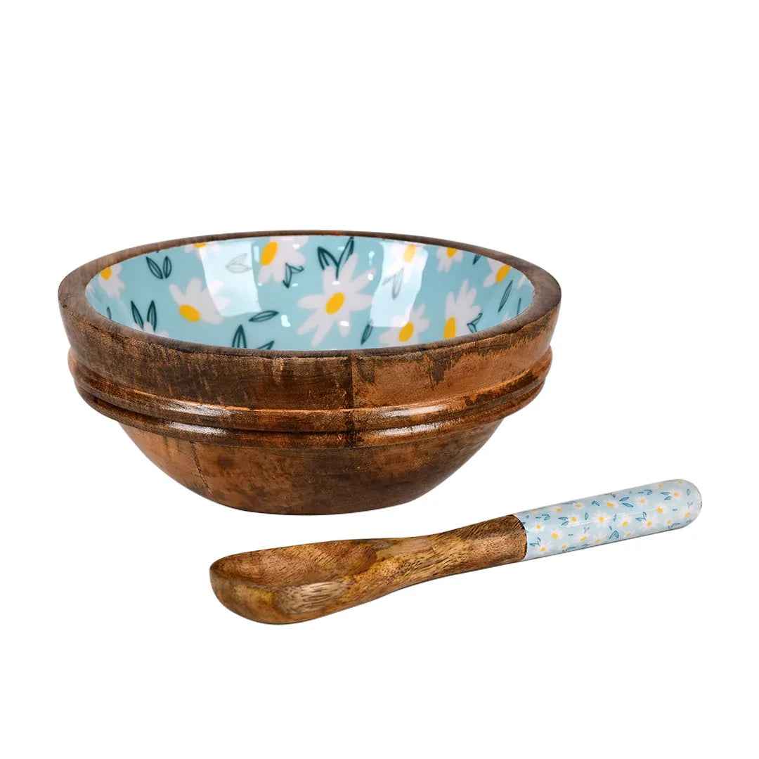 Wooden Serving Bowl with Spoon in Daisy Floral Design