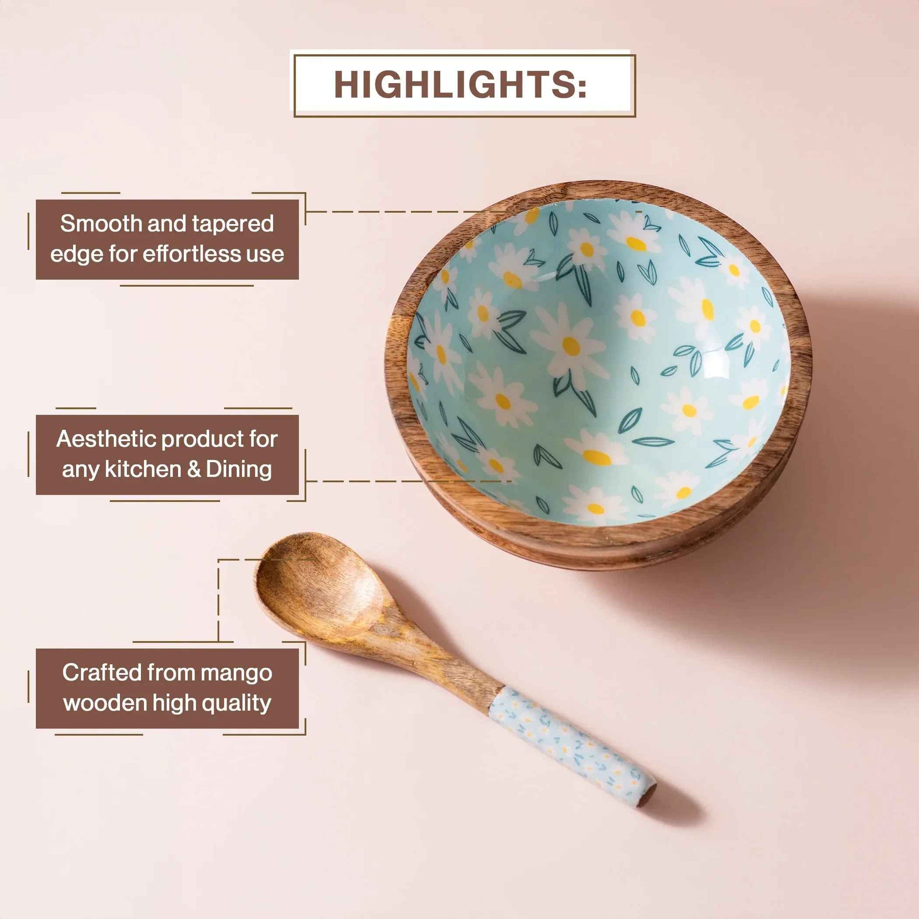 Wooden Serving Bowl with Spoon in Daisy Floral Design