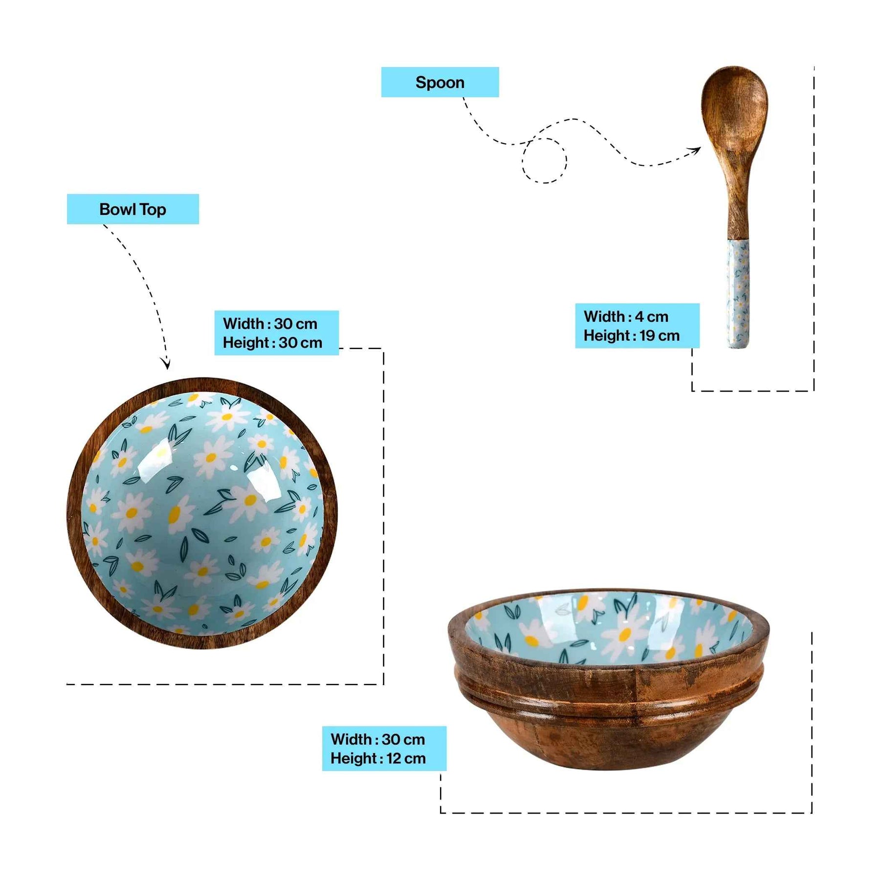 Wooden Serving Bowl with Spoon in Daisy Floral Design