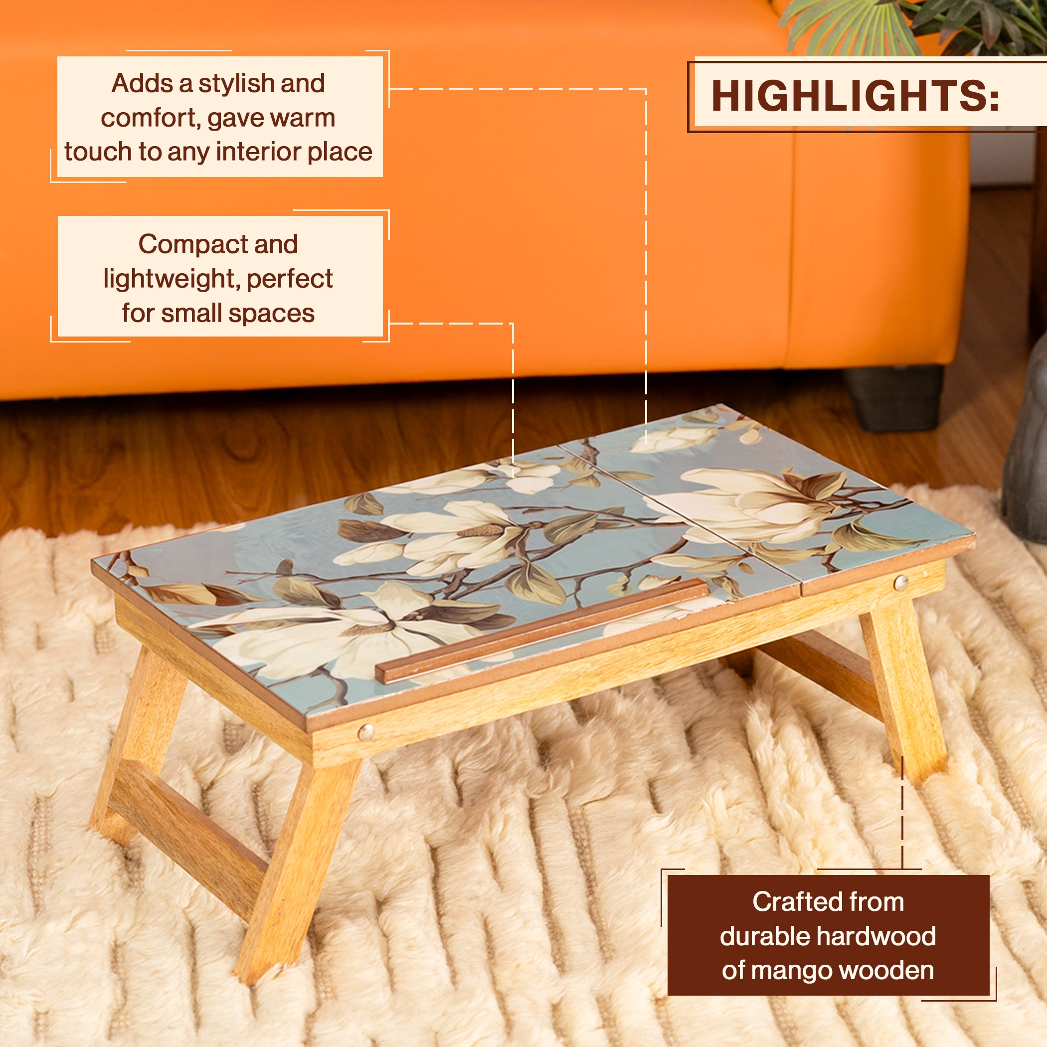 Mango Wood Handmade Folding Laptop Table in Blueflower with Epoxy Resin