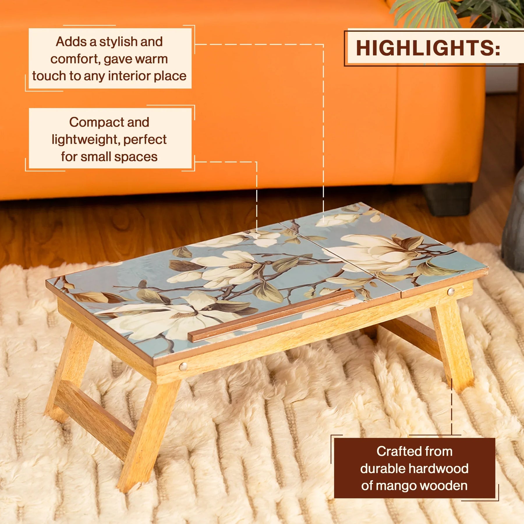 Mango Wood Handmade Folding Laptop Table in Blueflower with Epoxy Resin