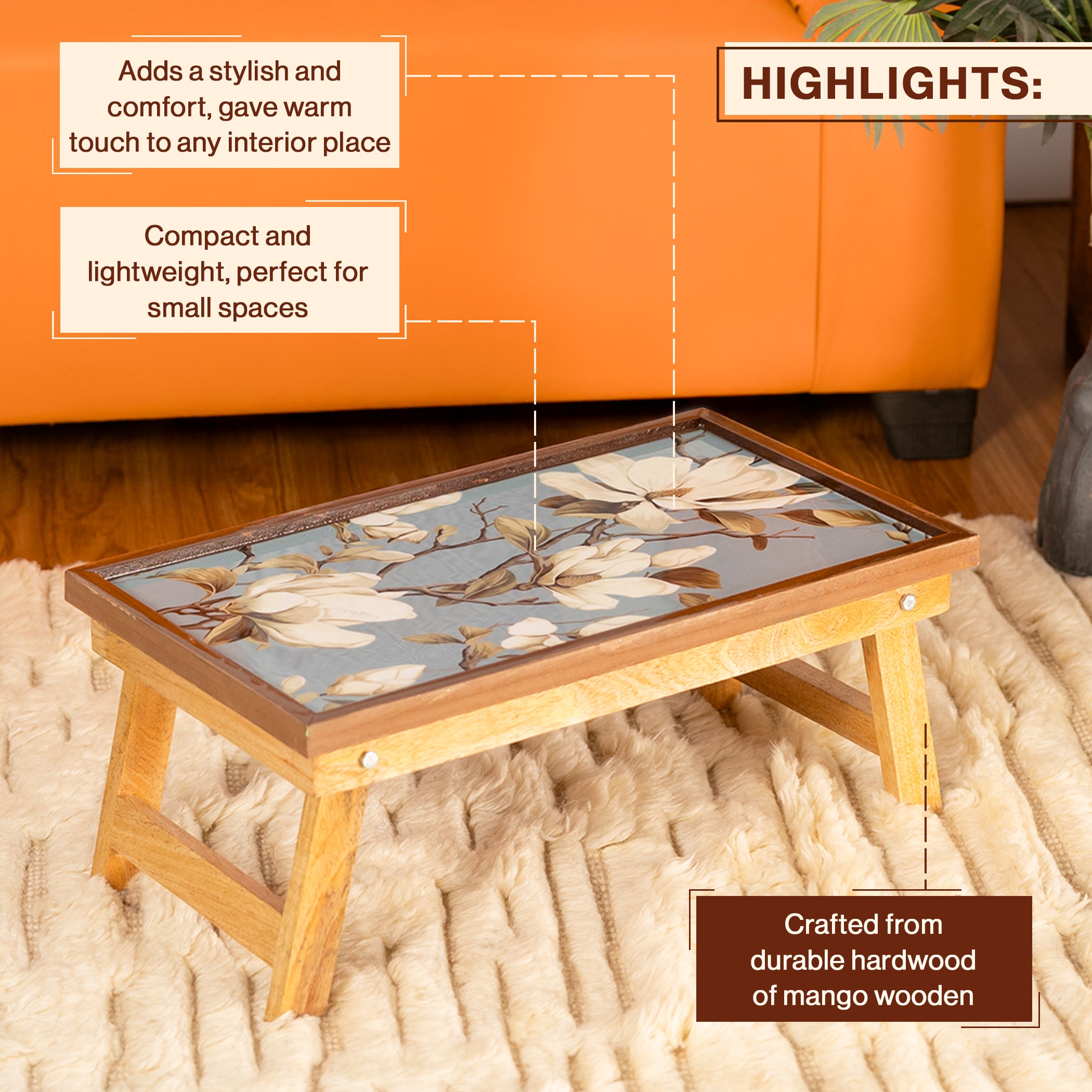 Mango Wood Handmade Fixed Blue Magnolia Laptop Table with Epoxy Resin