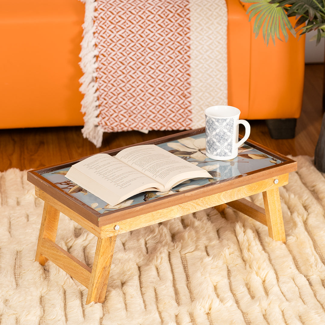 Mango Wood Handmade Fixed Blue Magnolia Laptop Table with Epoxy Resin