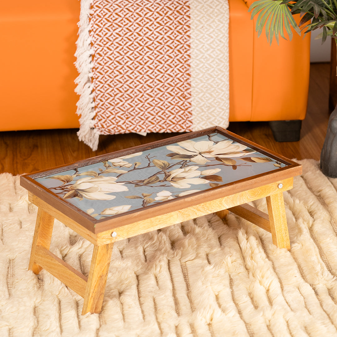 Mango Wood Handmade Fixed Blue Magnolia Laptop Table with Epoxy Resin