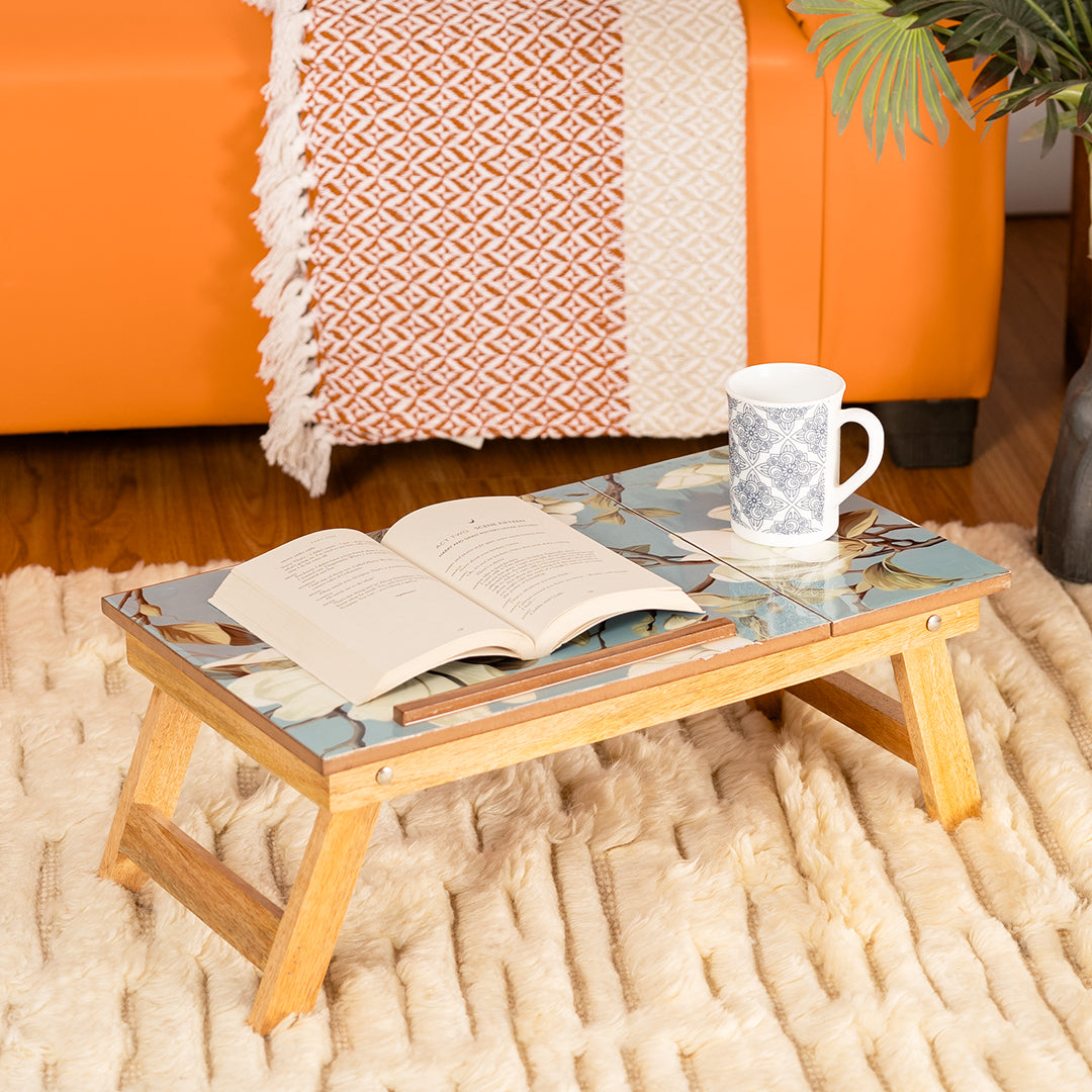 Mango Wood Handmade Folding Laptop Table in Blueflower with Epoxy Resin