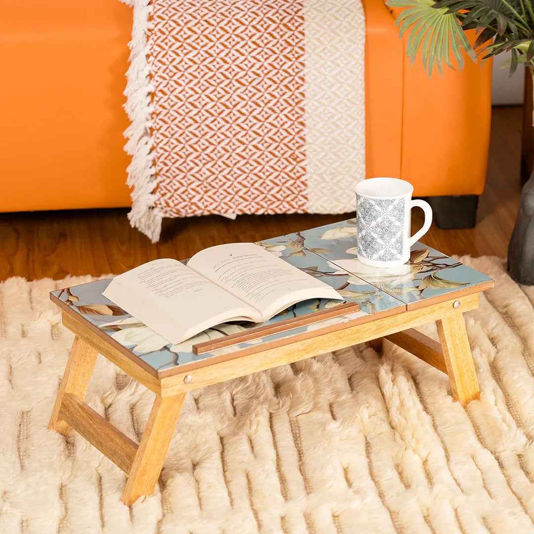 Mango Wood Handmade Folding Laptop Table in Blueflower with Epoxy Resin