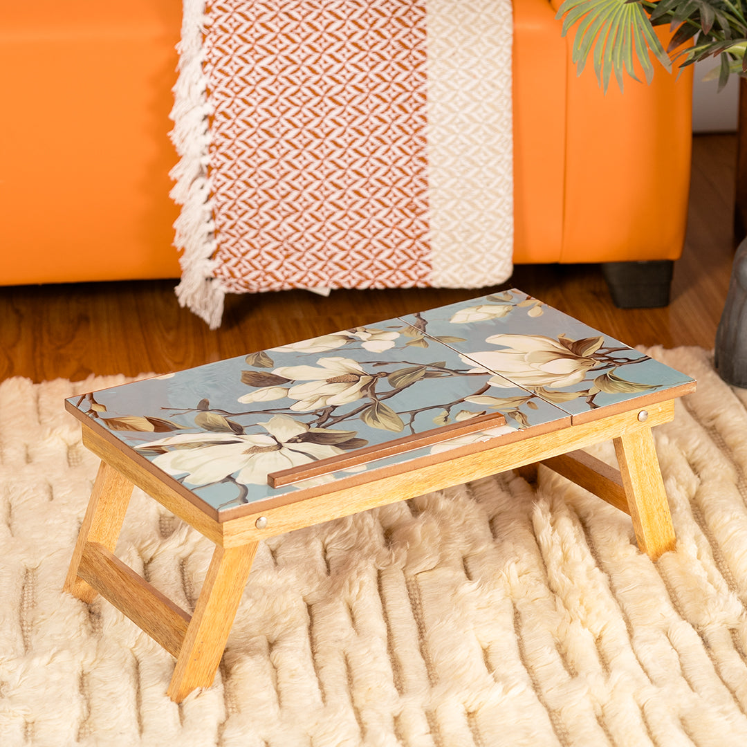 Mango Wood Handmade Folding Laptop Table in Blueflower with Epoxy Resin