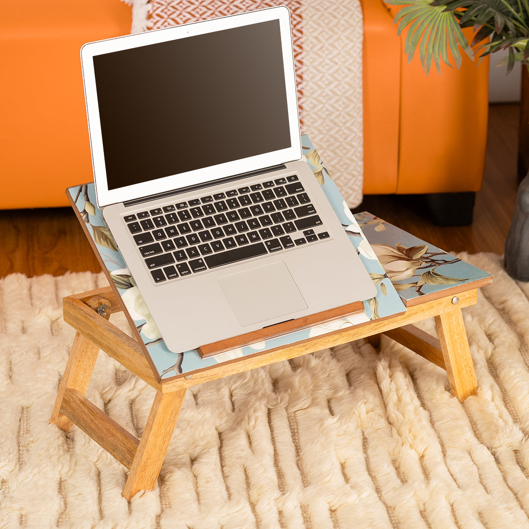Mango Wood Handmade Folding Laptop Table in Blueflower with Epoxy Resin