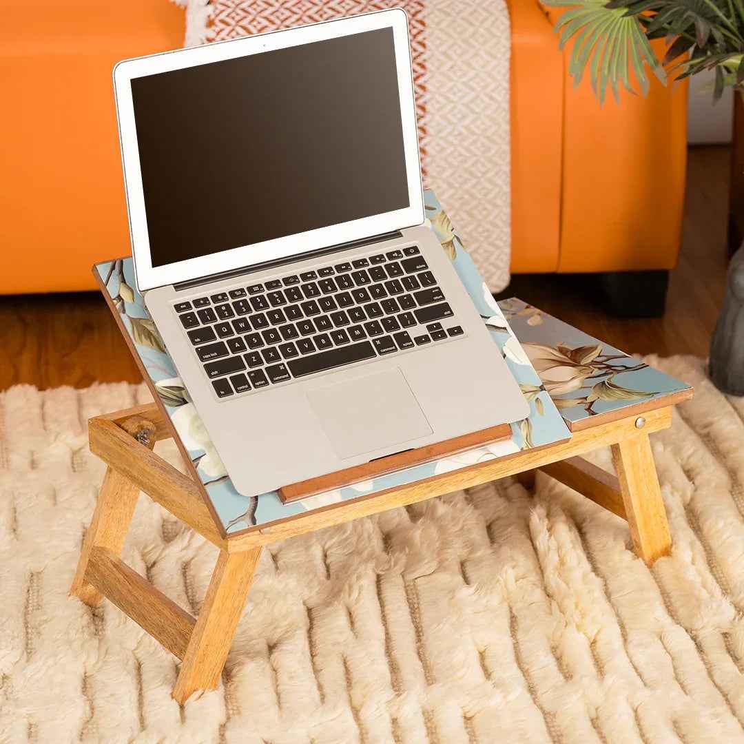 Mango Wood Handmade Folding Laptop Table in Blueflower with Epoxy Resin