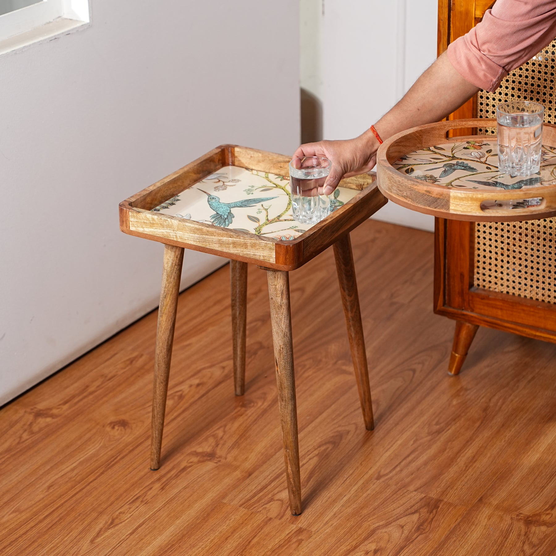 Square Wooden Bedside Table in Birdfloral Print for Living Room