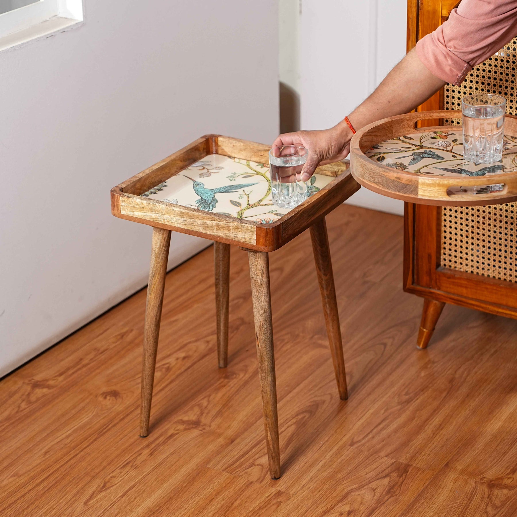 Square Wooden Bedside Table in Birdfloral Print for Living Room