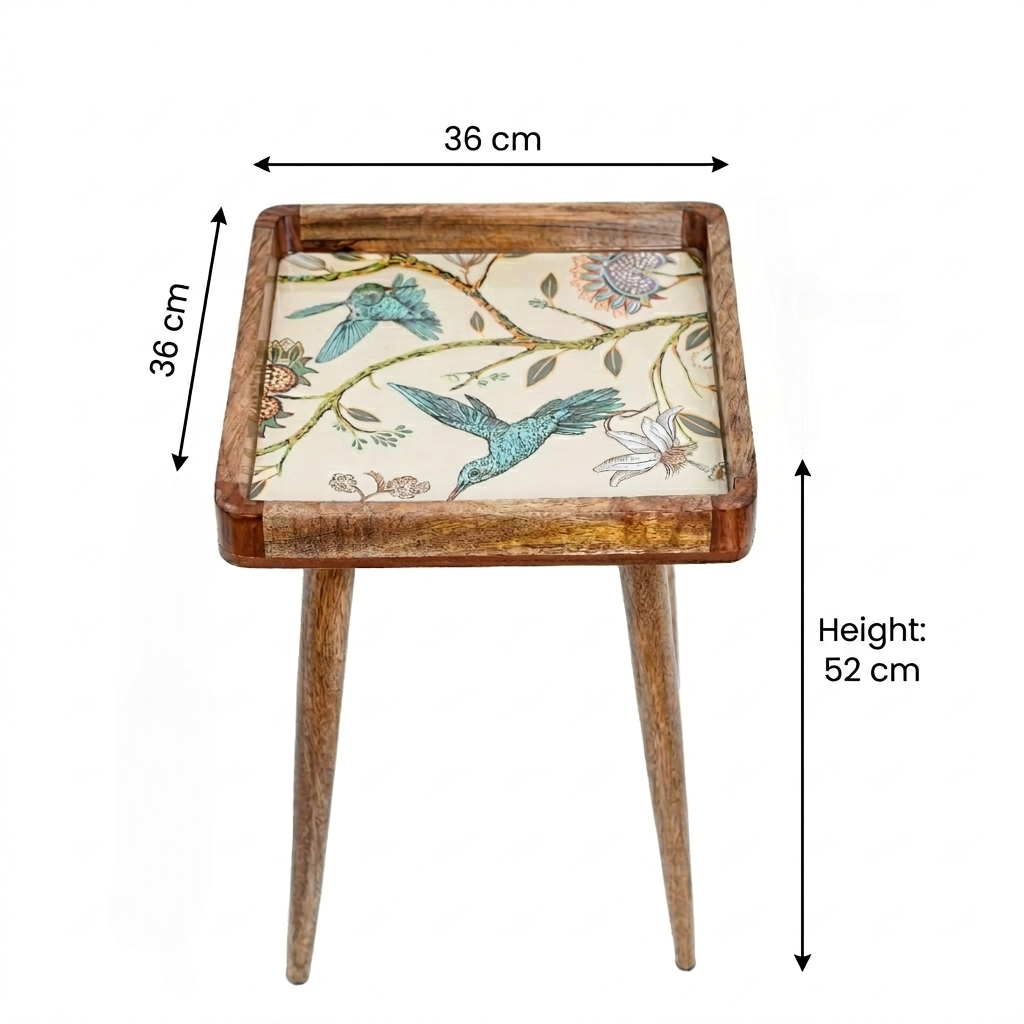Square Wooden Bedside Table in Birdfloral Print for Living Room
