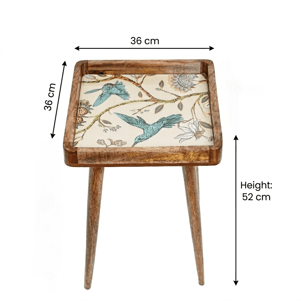 Square Wooden Bedside Table in Birdfloral Print for Living Room