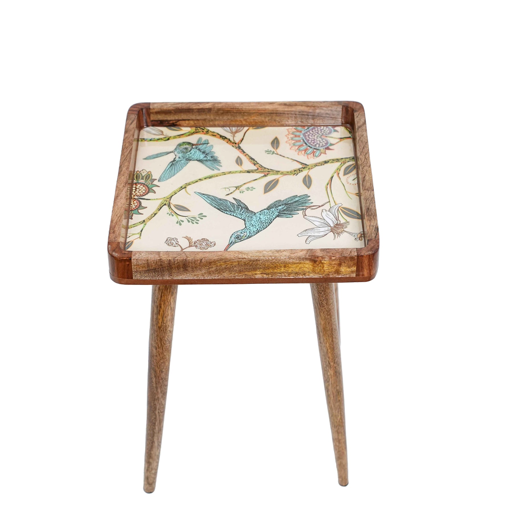 Square Wooden Bedside Table in Birdfloral Print for Living Room