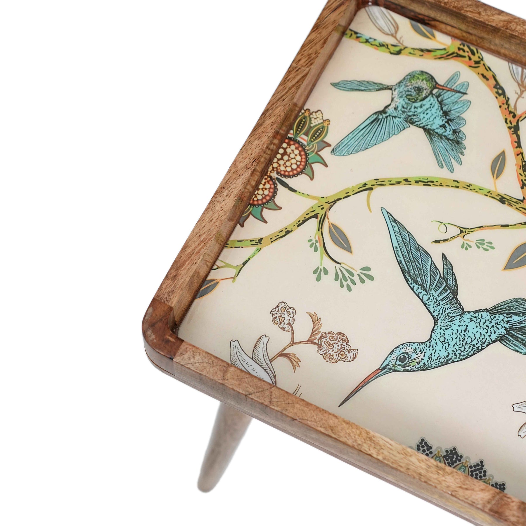 Square Wooden Bedside Table in Birdfloral Print for Living Room