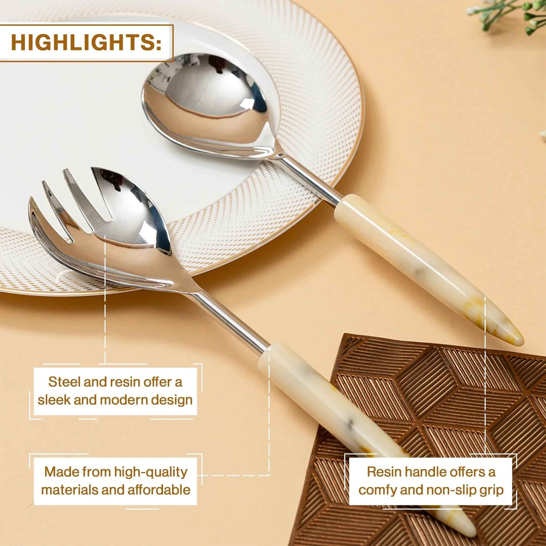 Stainless Steel Spoon & Fork Set with Marble Finish Handle