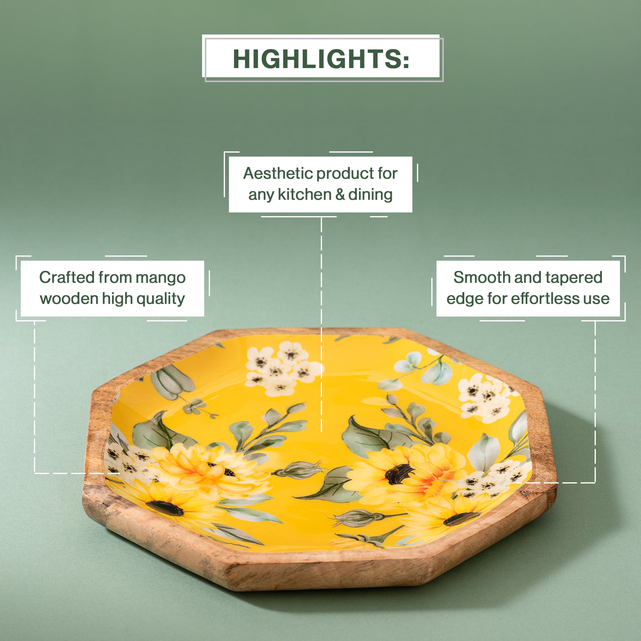 Handcrafted Mango-Wood Yellow Sunflower Printed Platters Tray-Set Of 2