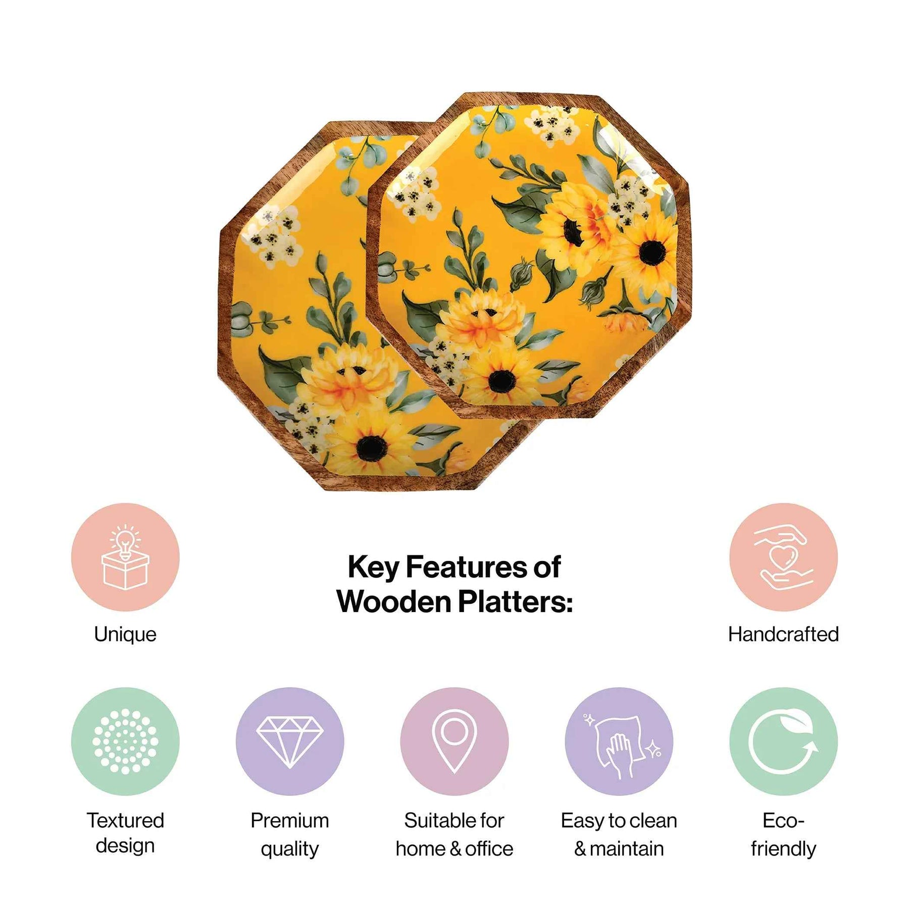 Handcrafted Mango Wood Printed Serving Platters Set - Sunflower