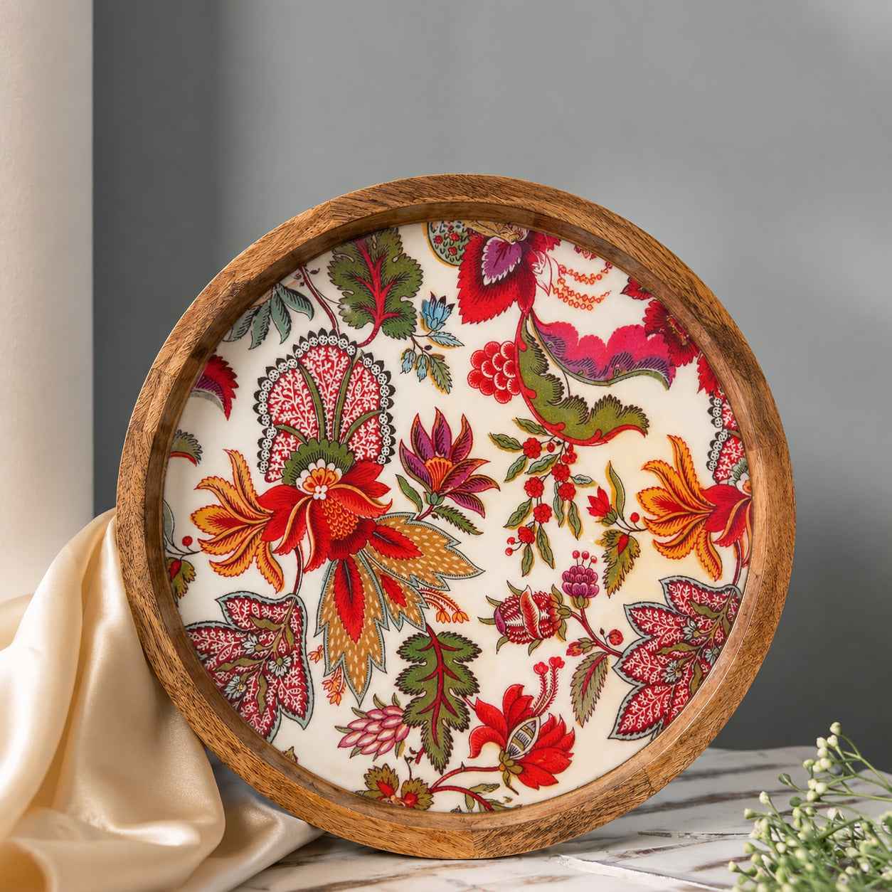 Handcrafted Mango Wood Round Serving Tray with Botanical Floral Design