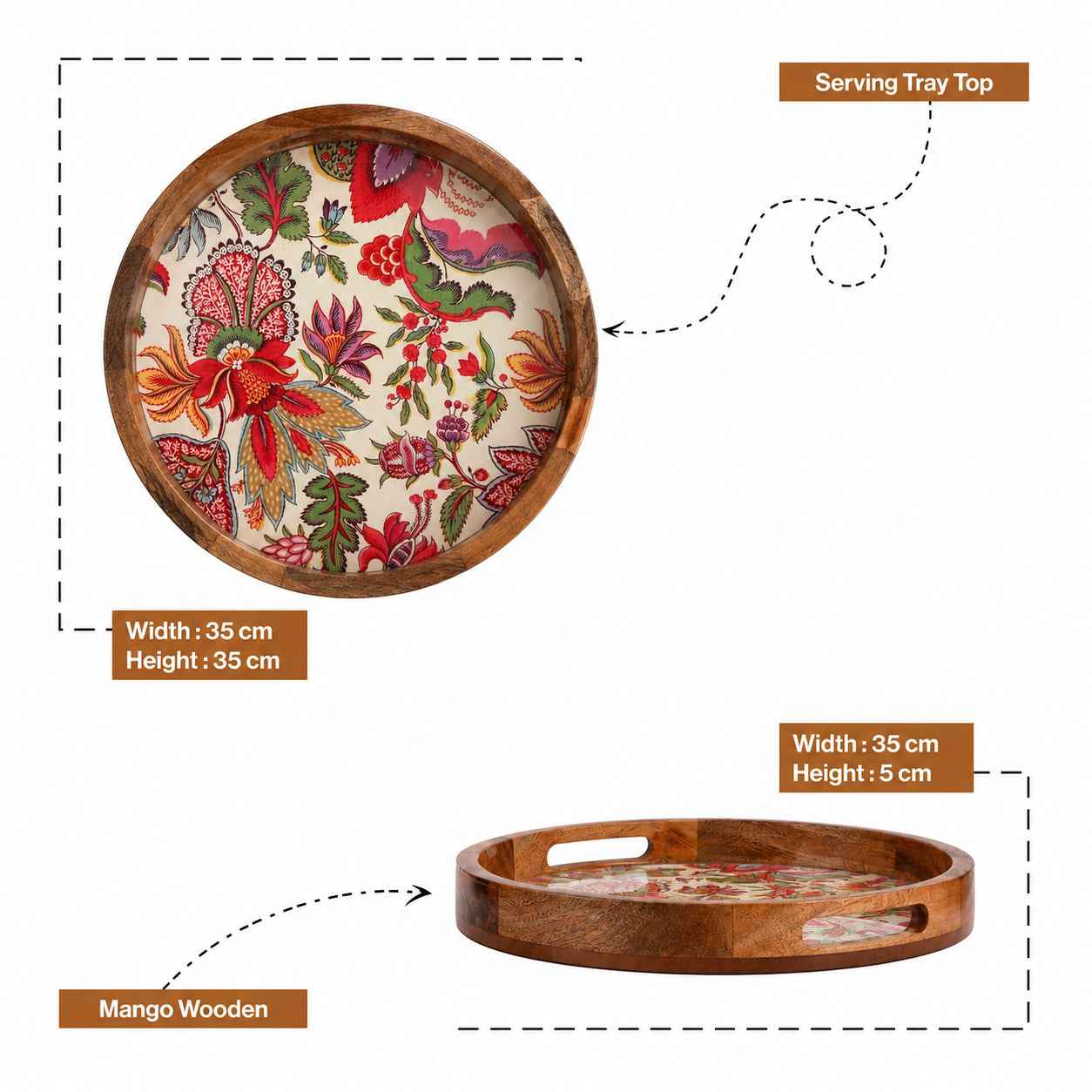 Handcrafted Mango Wood Round Serving Tray with Botanical Floral Design