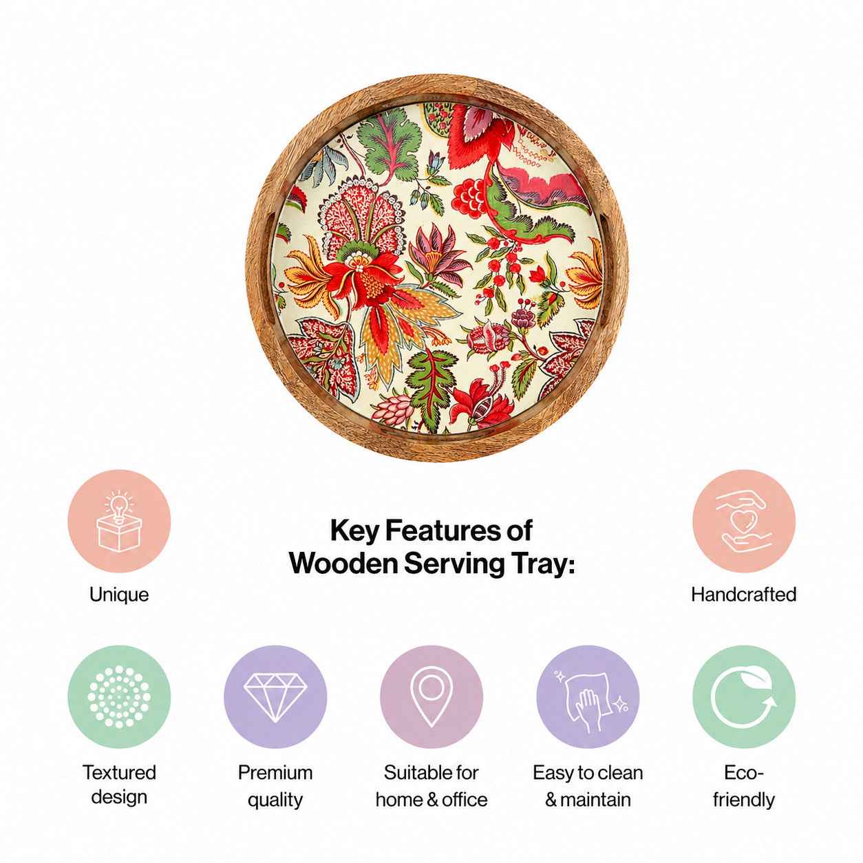 Handcrafted Mango Wood Round Serving Tray with Botanical Floral Design