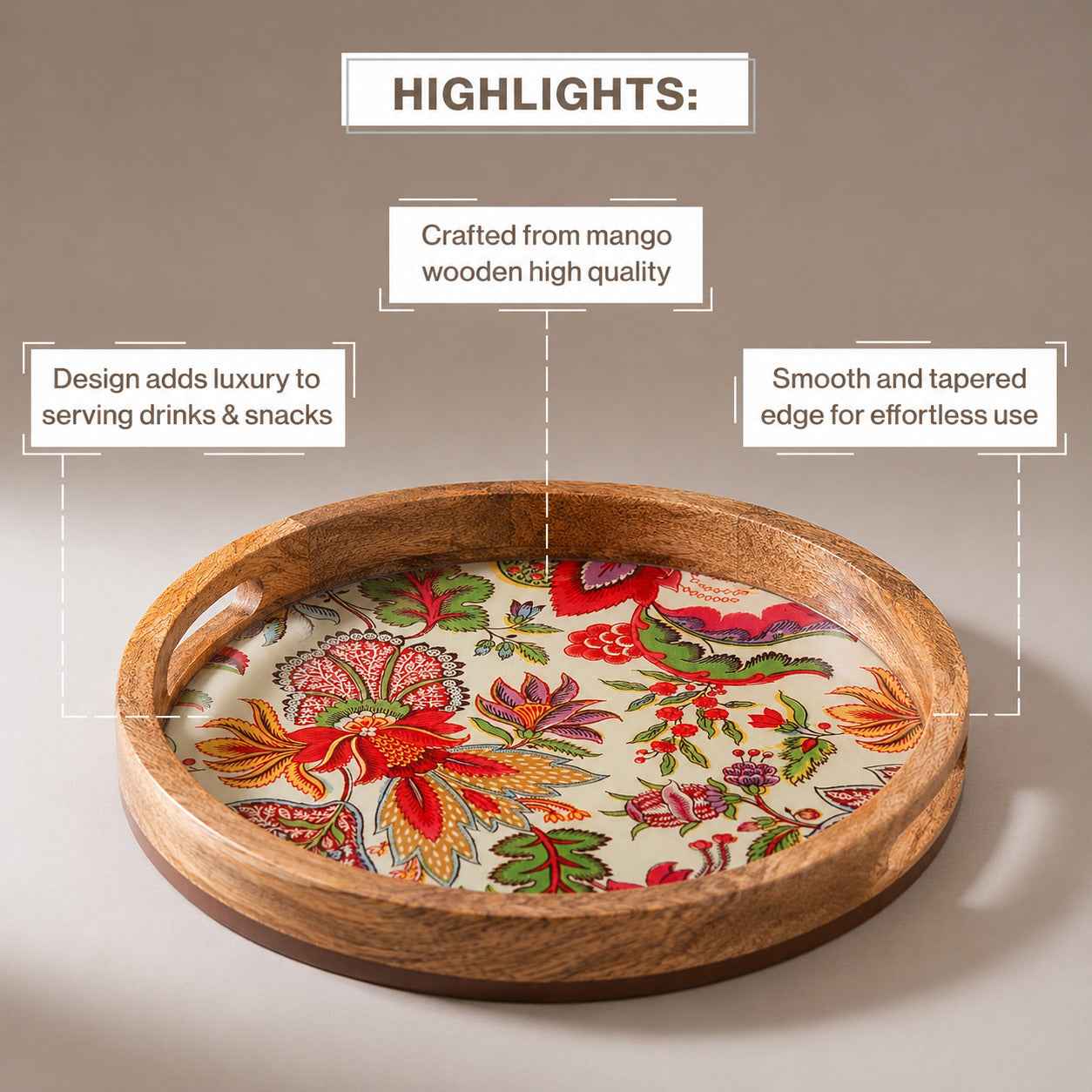 Handcrafted Mango Wood Round Serving Tray with Botanical Floral Design