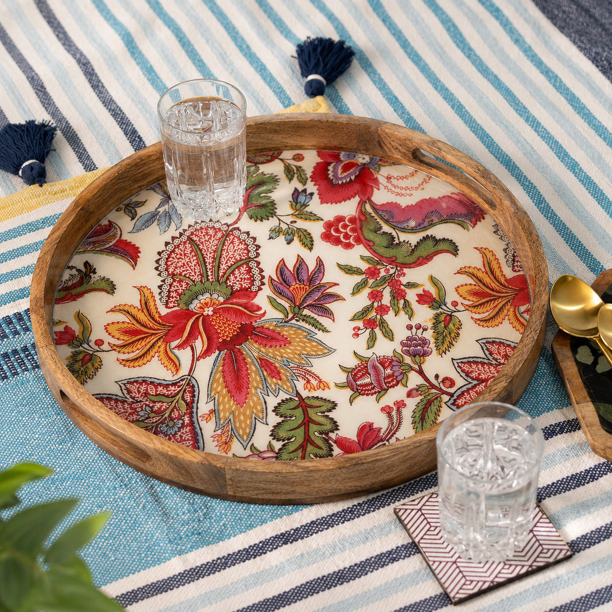 Handcrafted Mango Wood Round Serving Tray with Botanical Floral Design
