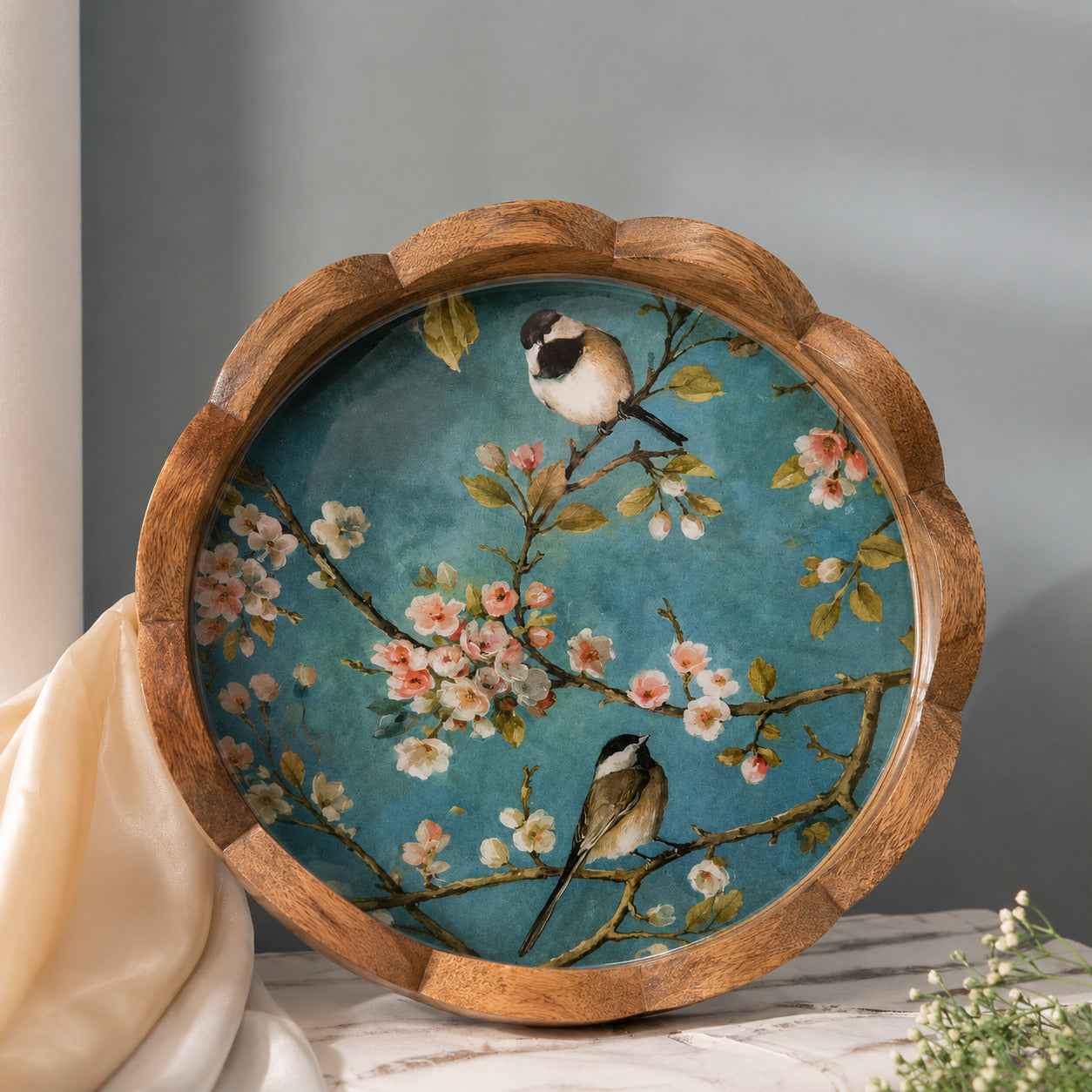 Round Wooden Serving Tray with Cherry Blossom Bird Design