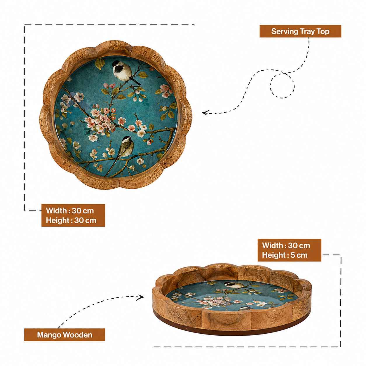 Round Wooden Serving Tray with Cherry Blossom Bird Design