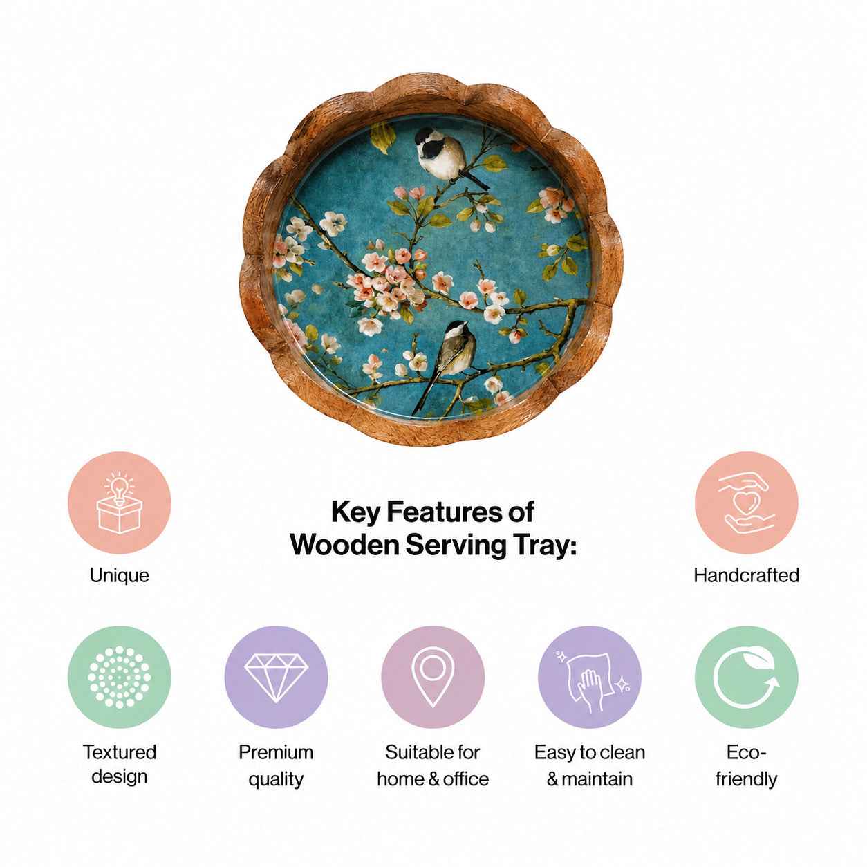Round Wooden Serving Tray with Cherry Blossom Bird Design