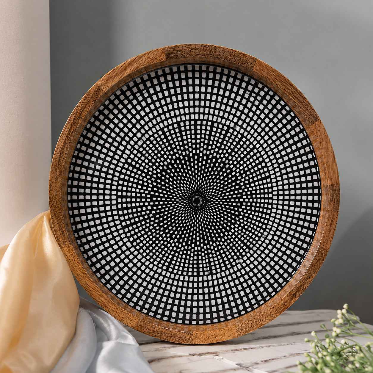 Modern Mango Wood Round Serving Tray with Geometric Dot Pattern