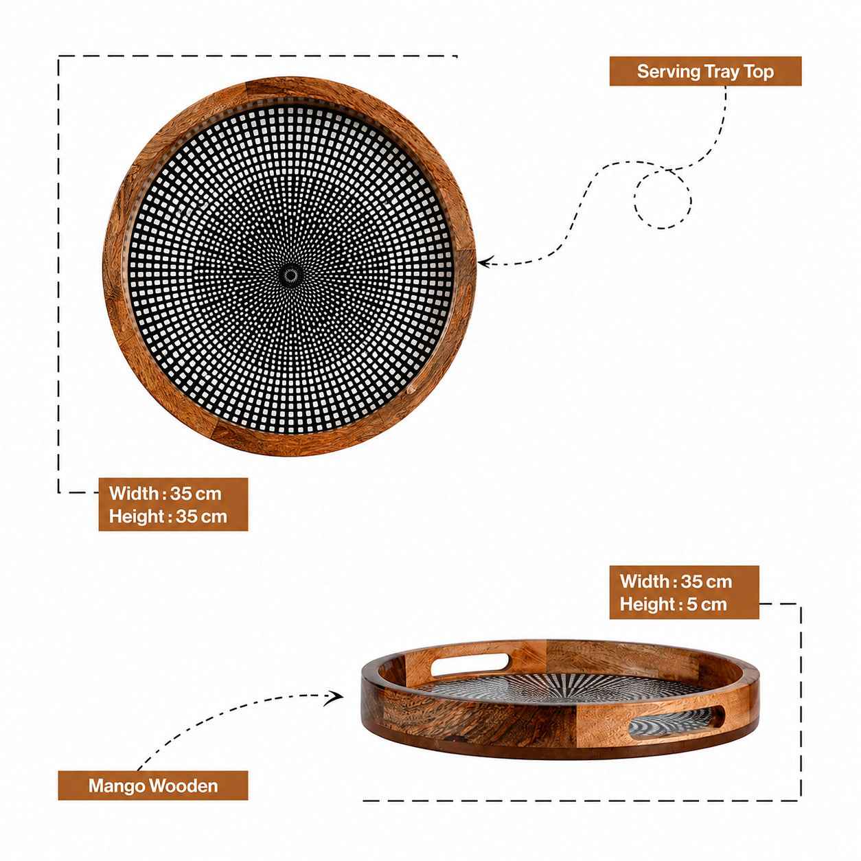 Modern Mango Wood Round Serving Tray with Geometric Dot Pattern