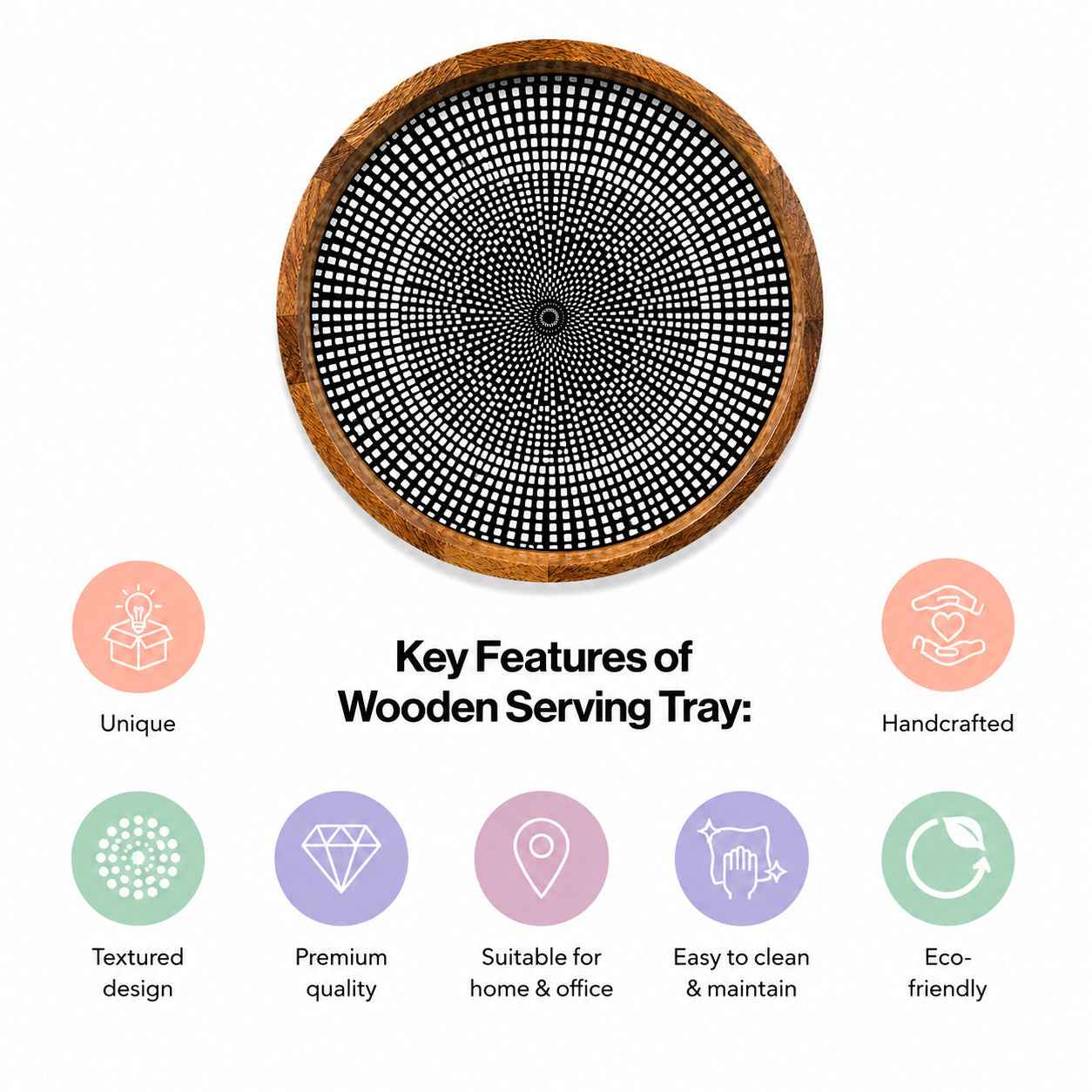 Modern Mango Wood Round Serving Tray with Geometric Dot Pattern