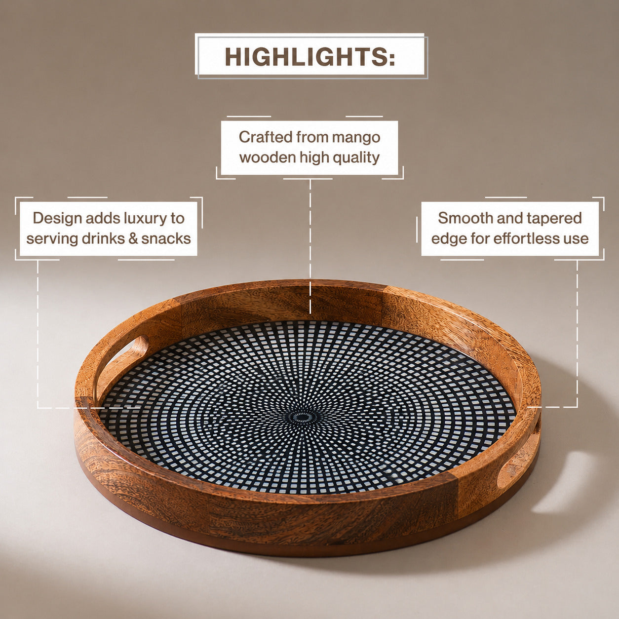 Modern Mango Wood Round Serving Tray with Geometric Dot Pattern