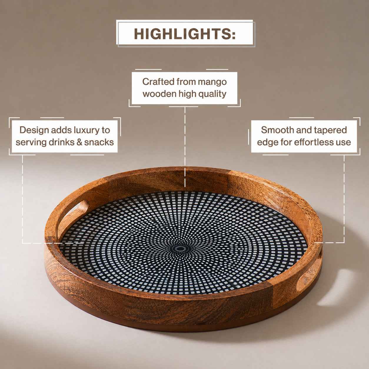 Modern Mango Wood Round Serving Tray with Geometric Dot Pattern