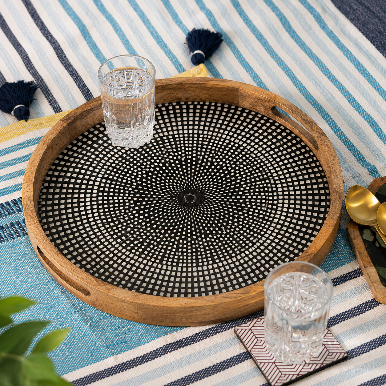 Modern Mango Wood Round Serving Tray with Geometric Dot Pattern